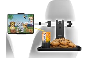 Macally Headrest Tablet Holder for Car with Table Tray - iPad Holder for Car Backseat Entertainment for Kids and Devices 4.5-10" Wide - 360° Rotatable iPad Car Mount Back Seat with Folding Car Table