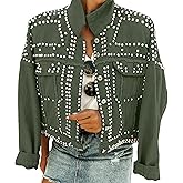 Omoone Women's Long Sleeve Rivet Studded Denim Jacket Casual Washed Short Jean Coat Western Outfits