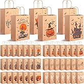 Yexiya 120 Pcs Halloween Treat Bags Bulk Paper Party Favors Goody Candy Snacks Cookie Wrap Gift Bags with Handles Pumpkin Witch Hat Castle Moon Bat Designs Happy Party Supplies