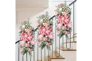 VIVIANYO HD Artificial Christmas Swag 22'' Christmas Teardrop Stairs Swag with Large Pink Bow Printed with Reindeer Snowflake Pattern, Xmas Balls Rose Snow Frosted Branches Holiday Staircase Wreath for Home Decor