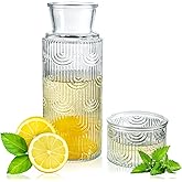 kanpura Bedside Water Carafe and Glass Set Mouthwash Dispenser for Bathroom 28.5 OZ Glass Pitcher & 6.5 OZ Cup Vintage Bedside Water Pitcher for Nightstand, Kitchen (Clear)