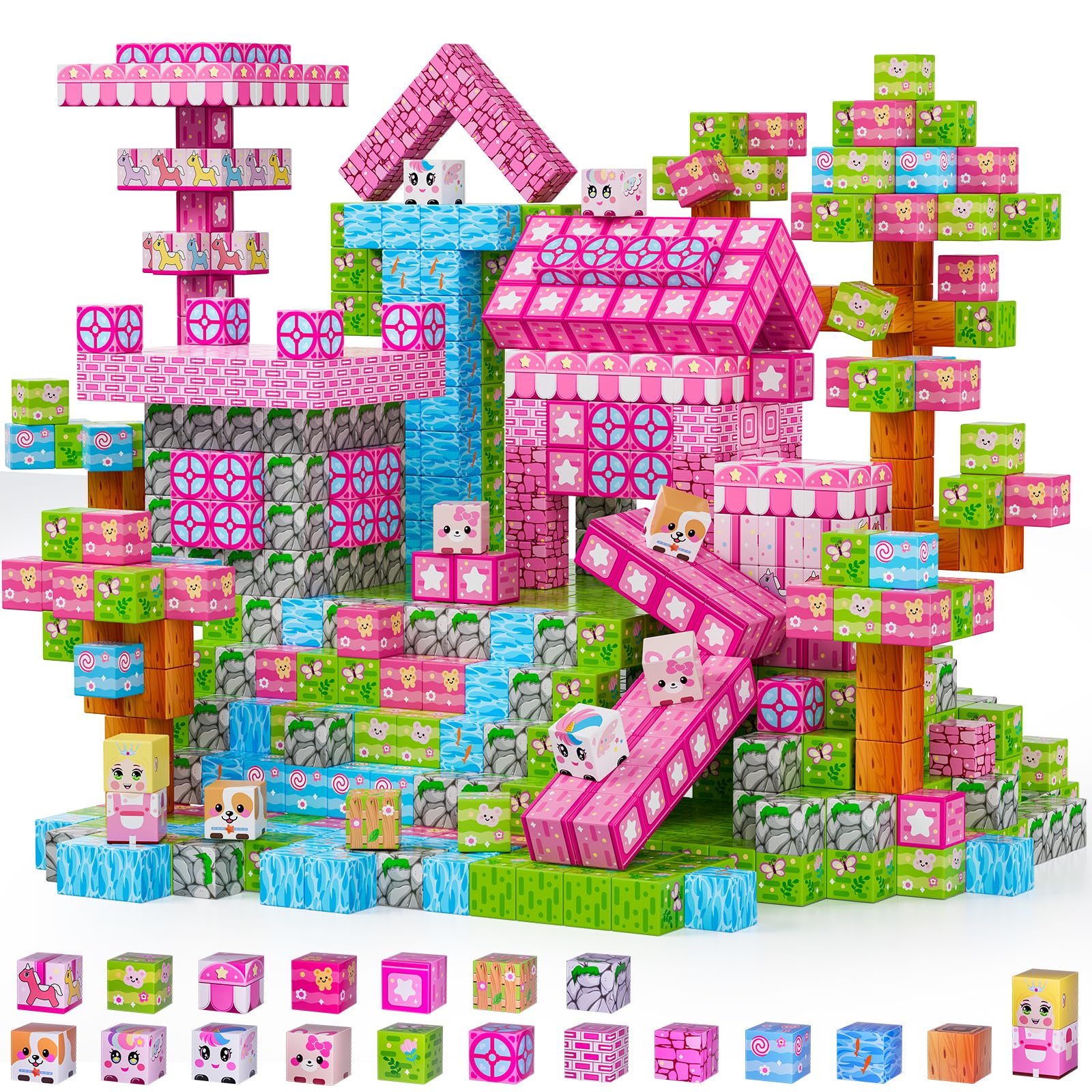 Magnetic Building Blocks, 150PCS Magnetic Block Cubes Tile Creative 3D Building Princess Castle Toys Gifts Game for Girls Kids Age 3 4 5 6 7 8 10 Play Pink — image 1