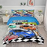 Axolotl Racing Car Bedding Set Twin,Cool Speed Race Car Down Comforter for Kids Boys Girls Teens,Car Theme Quilt with Three Cars Arrive at Finish,1 Comforter and 2 Pillowcases