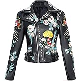 DARKSHE Women's Faux Leather PU Jacket, Graffiti Studded Rivet Punk Biker Moto Fashion Coat with Long Sleeve