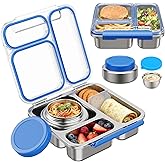 Pawtong Stainless Steel Bento Box Kids Adult with 7oz Insulated Food Jar, Transparent Lid Metal Lunch Box With Soup Thermal Jar, Lunch Box Container with Removable Divider & Sauce Cup School (Blue)