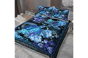 MILANKET Sea Turtle Quilt Sets King Size Ocean Animal Flower Bedding Set Blue Sea Animal Plant Quilted Cover for Teens Boys Girls, Decorative 3 Piece Coverlet Set with 2 Pillow Shams