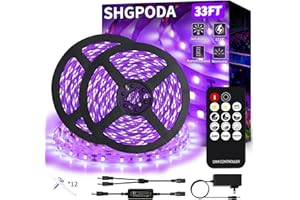 SHGPODA 33ft LED Black Light Strip Kit, 600 Units, 385nm-400nm, 12V Flexible Blacklight Fixtures, 10M LED Ribbon, Non-Waterpr