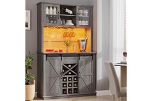 UPOSOJA Farmhouse Coffee Bar Cabinet with Storage, Kitchen Bar Cabinet with Sliding Barn Door, Led Lights, Power Strip Coffee Bar Cabinet, Tall Home Bar for Dining Room (Gray+Walnut Color)
