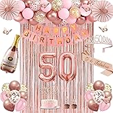 50th Birthday Decorations for Women, Rose Gold Happy 50th Birthday Decorations for Her, 50 Crown and Sash, Banner, Fringe Curtains, Hanging Paper Fans, 50 Year Old Party Supplies Set
