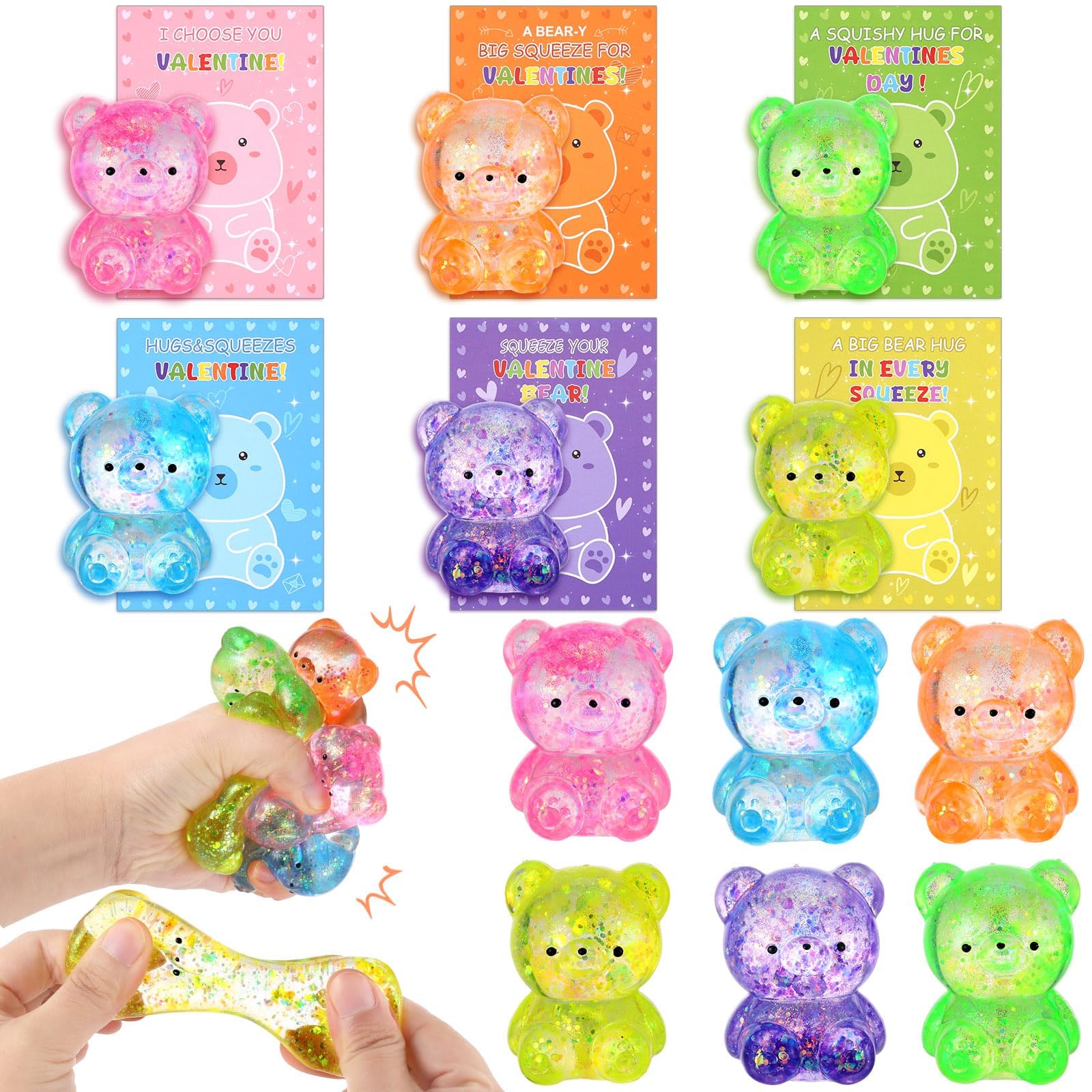 Photo 1 of 24 Pack Valentines Day Classroom Gifts for Kids, Cute Squishy Bear with Valentines Day Cards Glitter Relief Fidget Toy for Boys Girls Valentine Classroom Exchange Goodies Bag Gift Party Favor
