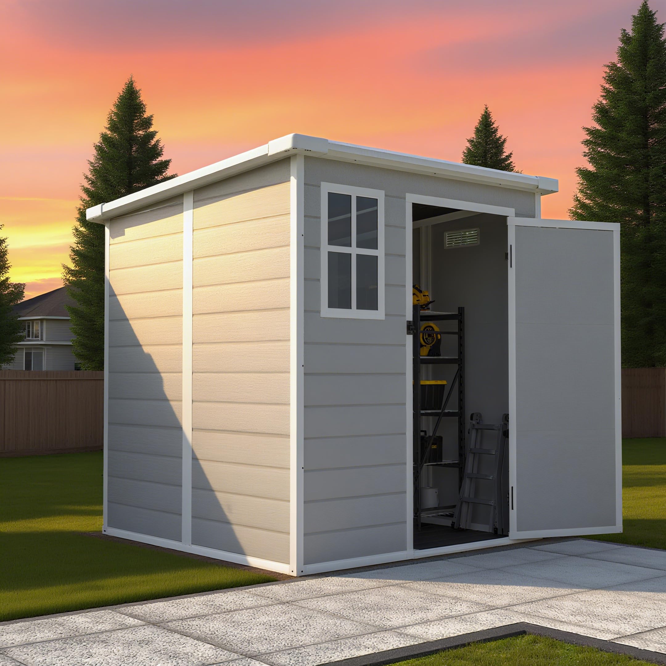 Photo 1 of **PARTS ONLY PARTIAL SET**TRUCK PICK UP ONLY**
6x6 FT Outdoor Storage Resin Shed with Floor,Waterproof Plastic Garden Bike Shed with Lockable Door, Sloped Roof, Vents & Windows, Easy Assembly Tool Shed for Lawn, Backyard, Patio, White