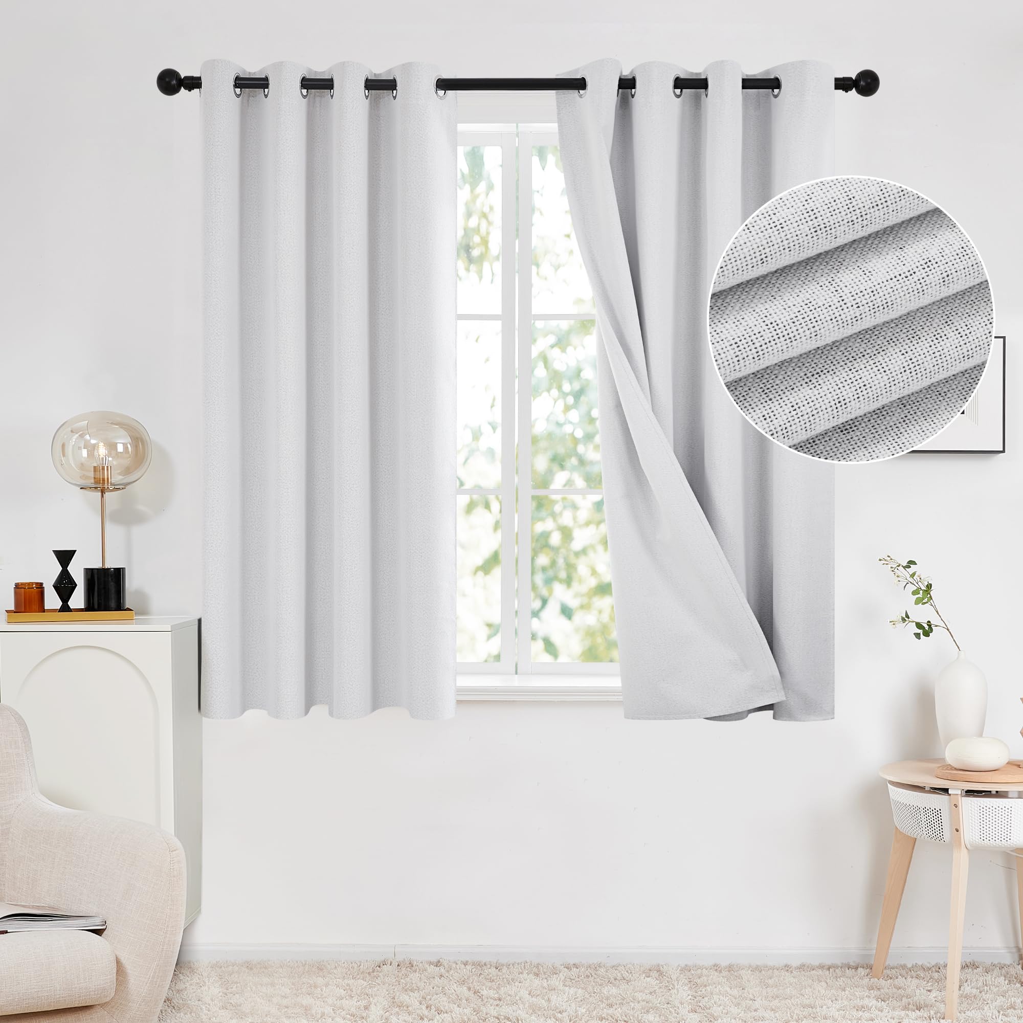 Deconovo 100% Blackout Faux Linen Curtains, Double-Sided, Thermal Insulated, Noise-Reducing, Eyelet Curtains for Bedroom & Living Room - 2 Panels (Greyish White 46"x54")