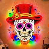 Day of the Dead Neon Sign, Mexican Sugar Skull LED Neon Light, Dimmable Día de Muertos Wall Decor for Halloween Party, Home, Bar, Window Decorations, 15 x 13 in