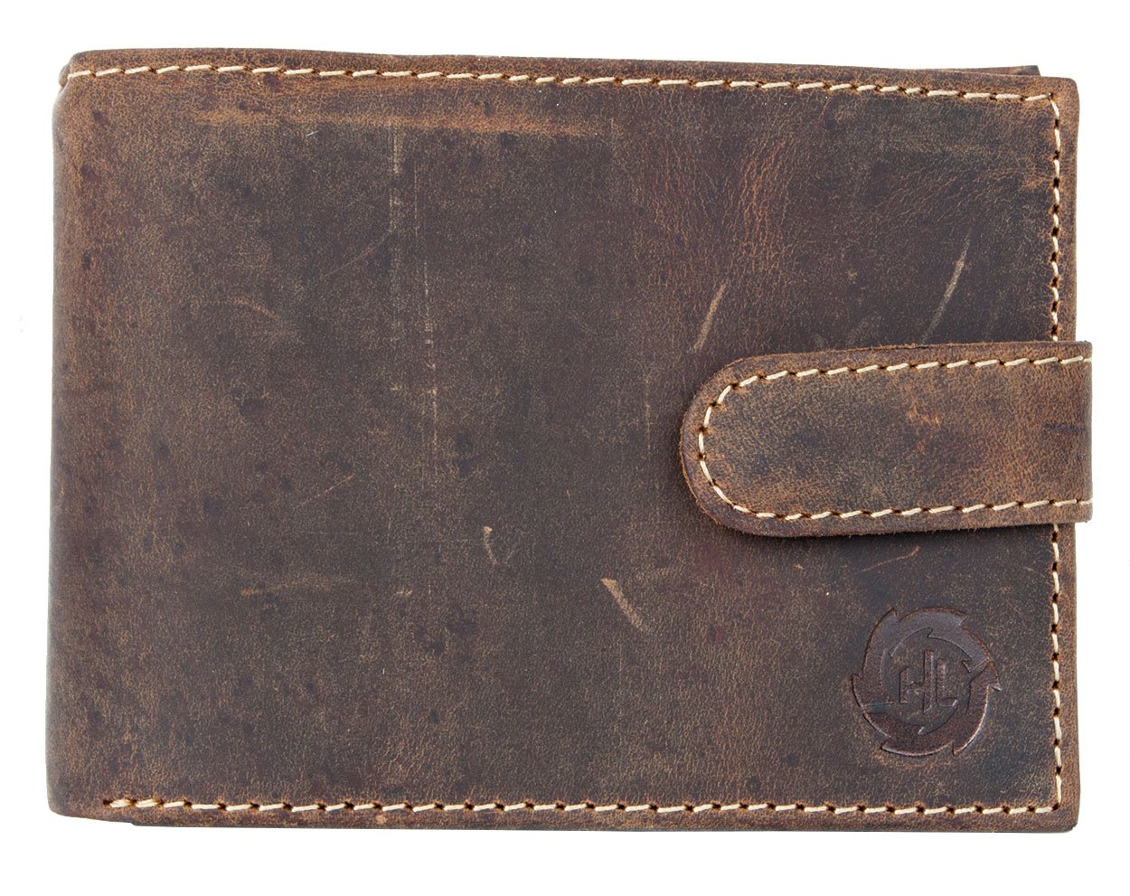 FLW-HL Men's tri-fold genuine leather wallet without fabric lining (just leather) with a buckle