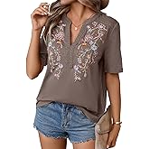 Mexican Shirts for Women Embroidered Tops Traditional Summer Blouse Floral Tunic V Neck Short Sleeve T Shirt