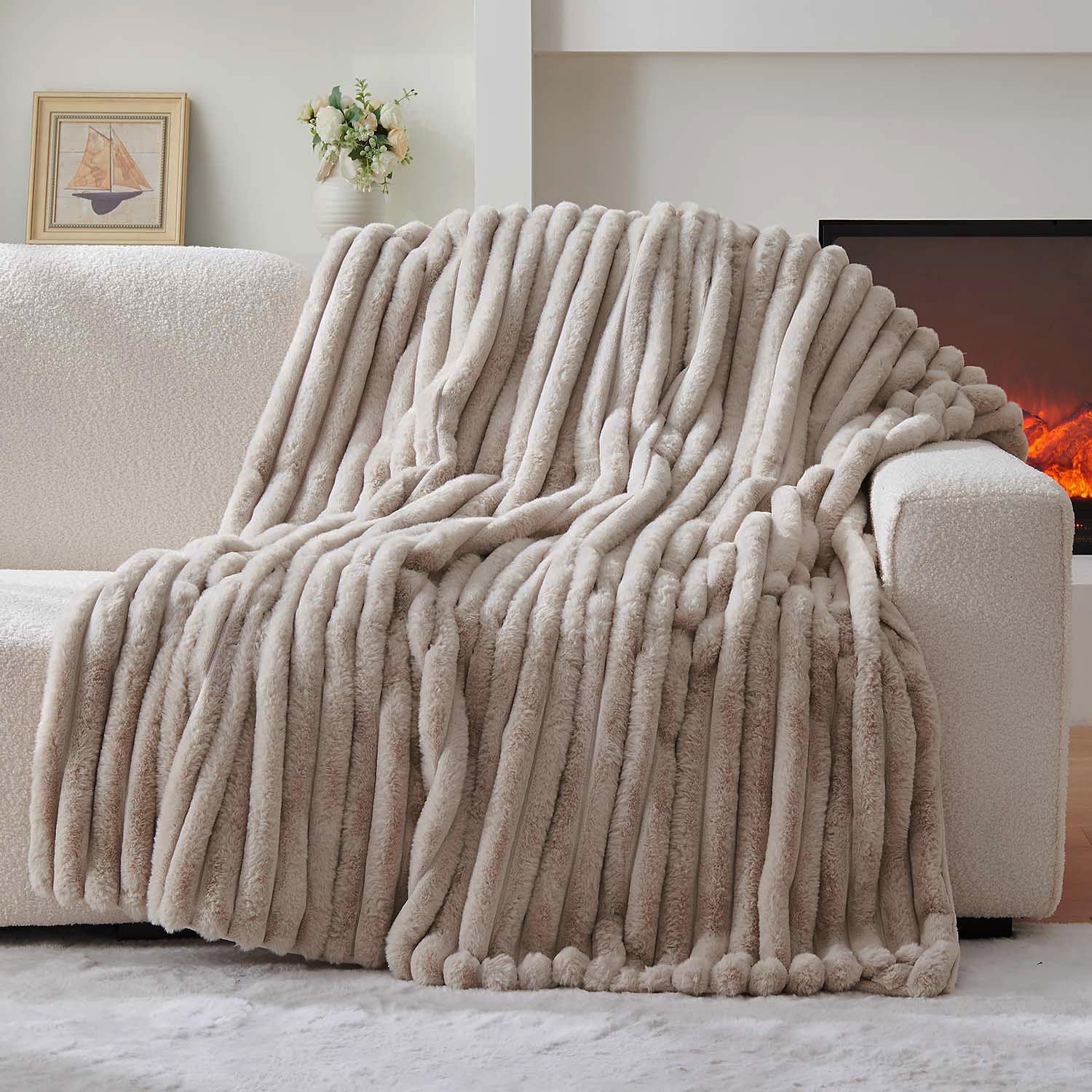 Photo 1 of Lotus Karen Faux Fur Throw Blanket - Stripe Faux Rabbit Fur Blanket for Couch, Cozy Soft Fluffy Fuzzy Blanket, Warm Thick Furry Plush Shaggy Small Blankets for Women, Linen,50x60 Inches
