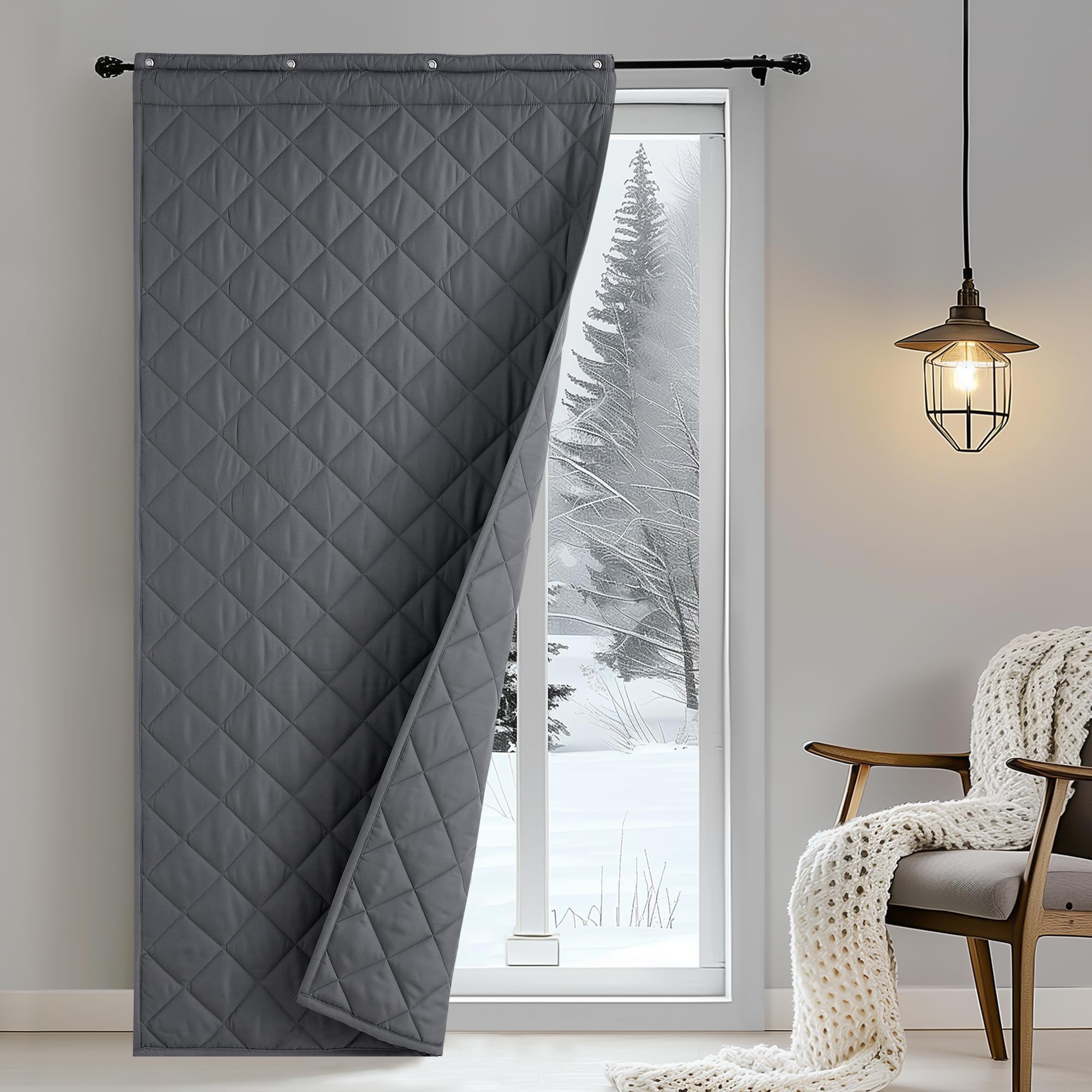 NICETOWN Thermal Insulated Door Curtain, Windproof Blackout Curtain for Winter Heavy Duty, Energy-Saving Soundproof Front Door Cover Thickened Screen, Grey, 96 x 208 cm, 1 Panel