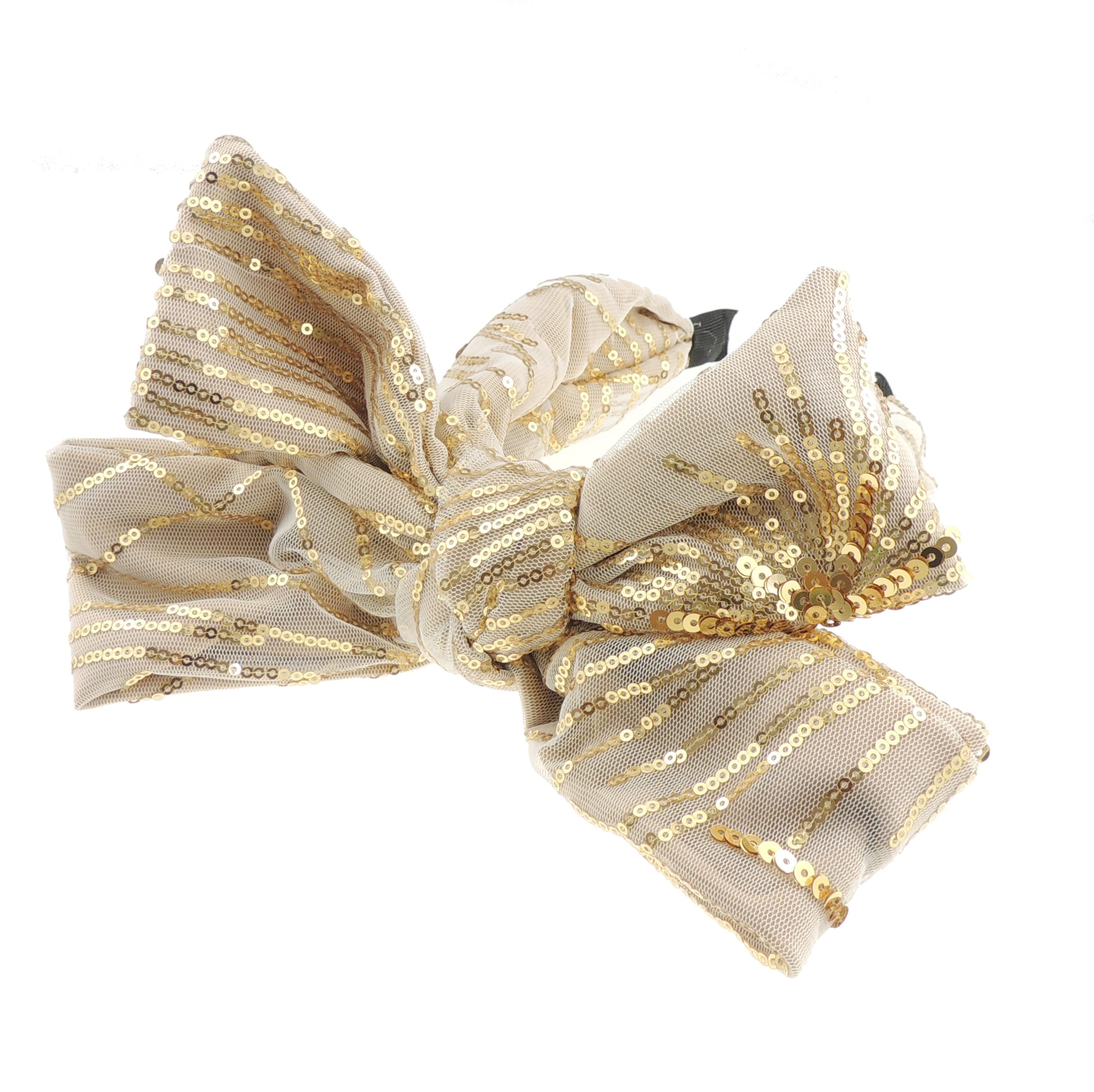Ladies Sparkly Sequin Evening Party Big Full Bow Covered Headband Alice Band (Gold)