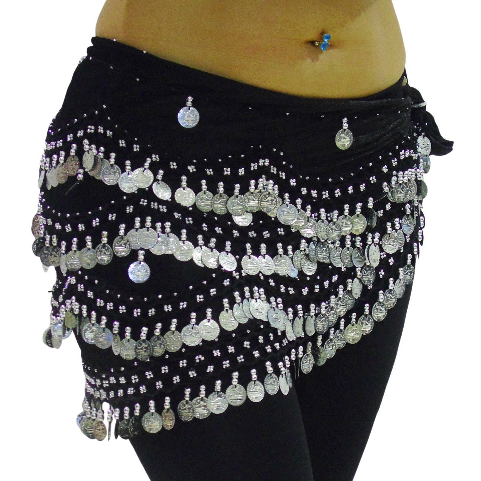 Belly Dance Hip Belt Scarves Dancing Costume Coin Hip Scarves Belts FITS to 4XL PLUS SIZE (XL to 4XL PLUS SIZE UK 18-22/24, BLACK SILVER)