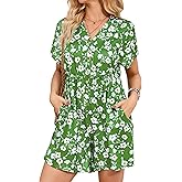 MAKABO Womens Summer Floral Rompers V Neck Boho Short Sleeve Jumpsuits With Pockets Casual Beach Vacation Outfits