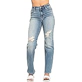 Judy Blue Womens Jeans - High Waisted Dad Straight with Harsh Tint & Destroy