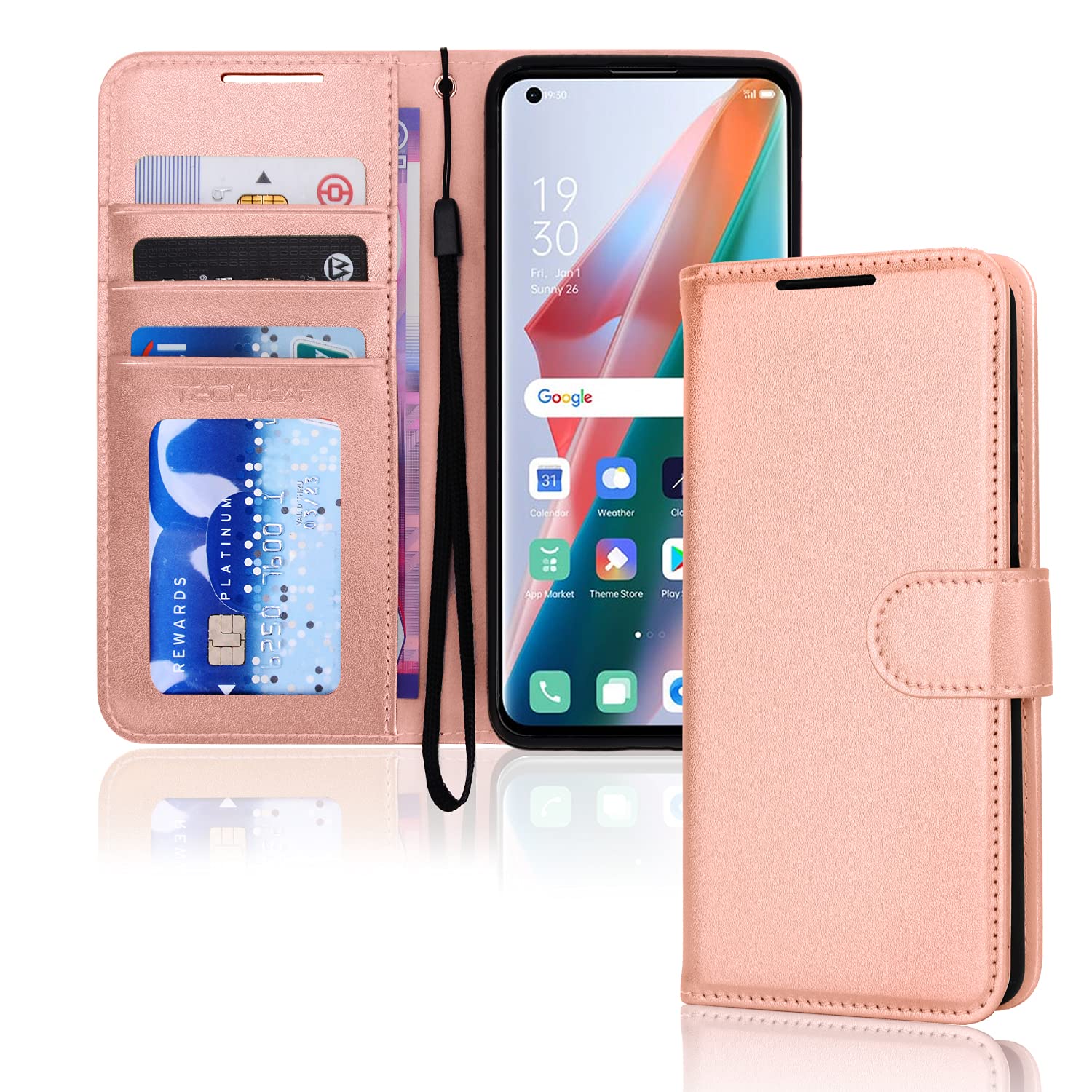 TECHGEAR Leather Wallet Case for Oppo Find X3 Pro 5G, Flip Protective Case Cover with Wallet Card Holder, Stand & Wrist Strap - Rose Gold PU Leather with Magnetic Closure for Oppo Find X3 Pro 5G