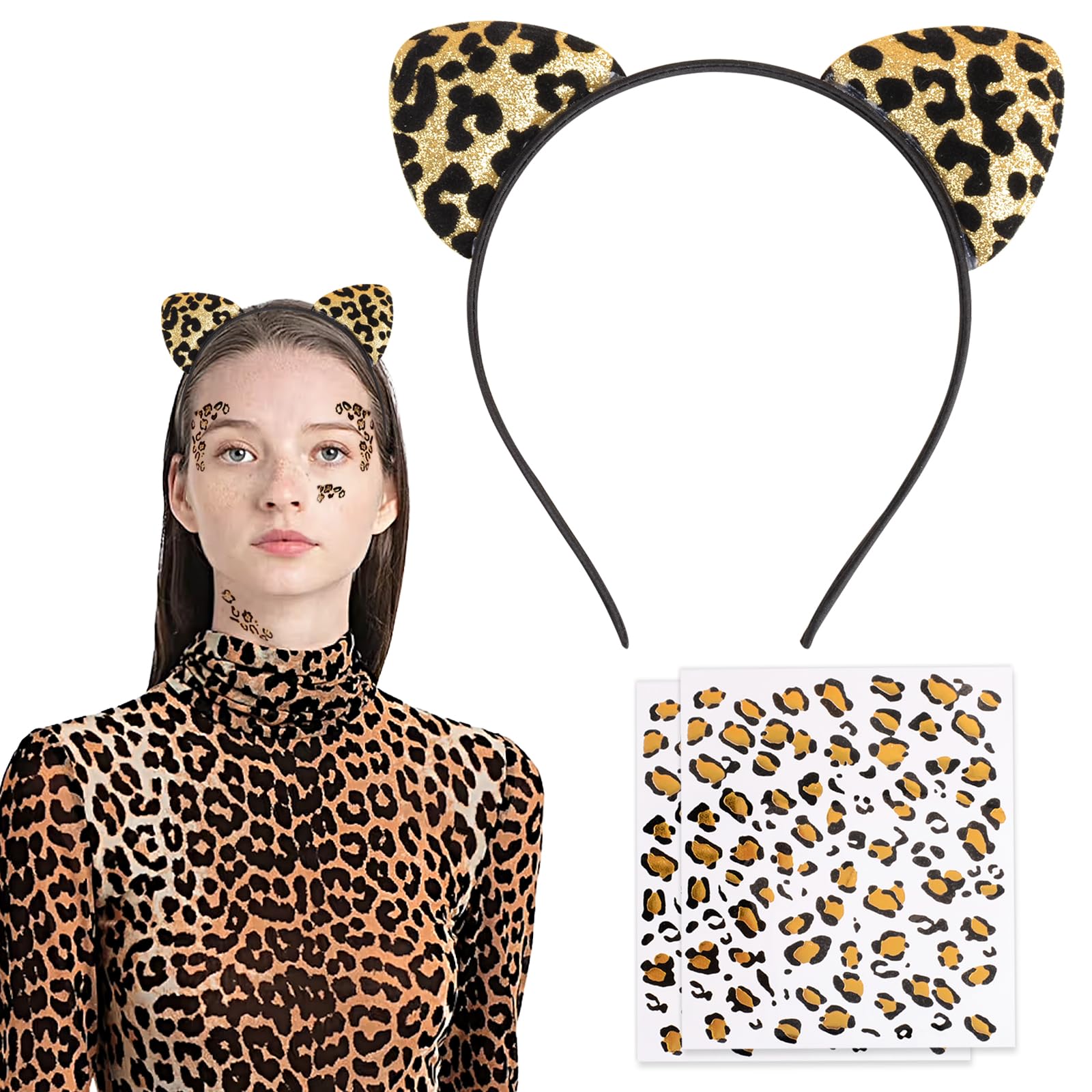 COLOFALLA Leopard Ears Headband and Tattoos Adult Leopard Print Halloween Ears Costume Dress up for Women (Leopard Ears)