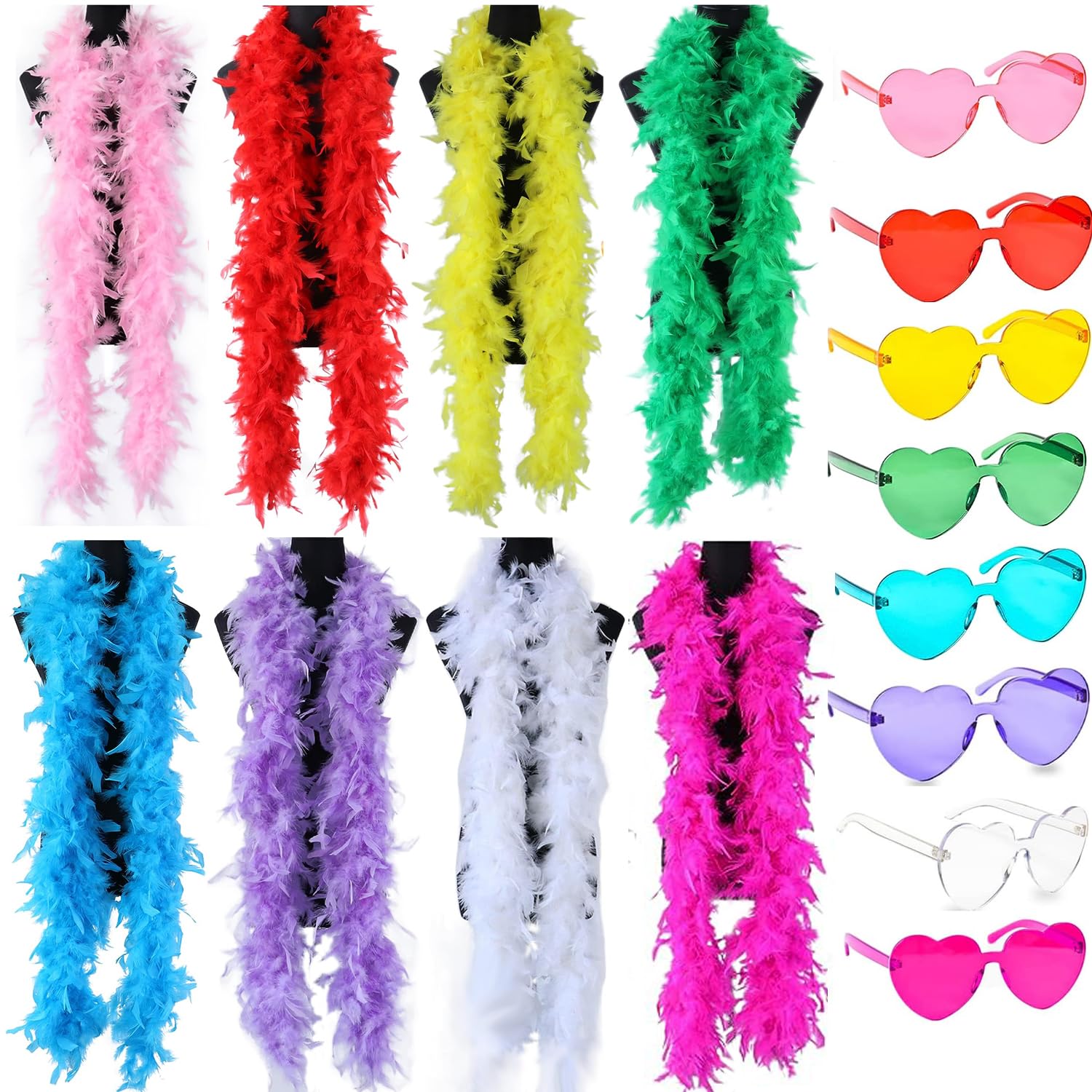 Funvalley Surperfect 8Pcs Colorful Feather Boas, with 8Pcs Heart Rimless Sunglasses，6.6ft/2m Chandelle Turkey Feather Boa for Women for Dancing Wedding Party Halloween(8-piece set)