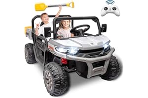 BCARORUR 24V 2 Seater Kids Ride on Car Truck, Ride On UTV with 2x200W Motor Ride On Dump Truck, Ride On Car with Dump Bed/Shovel, Electric Vehicle with Rubber Tires, LED Light, Music, Remote Control, White