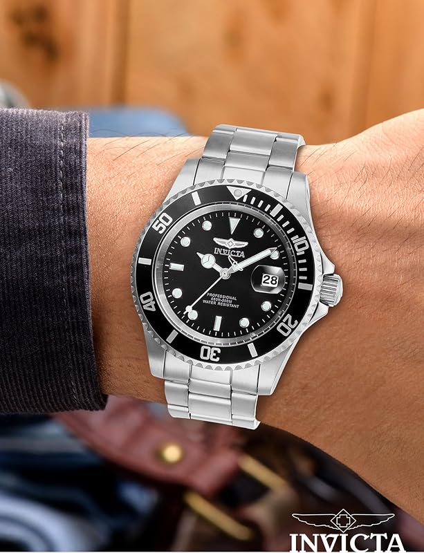 Relógio masculino de quartzo em aço inoxidável invicta pro diver, preto/prata, 40 mm