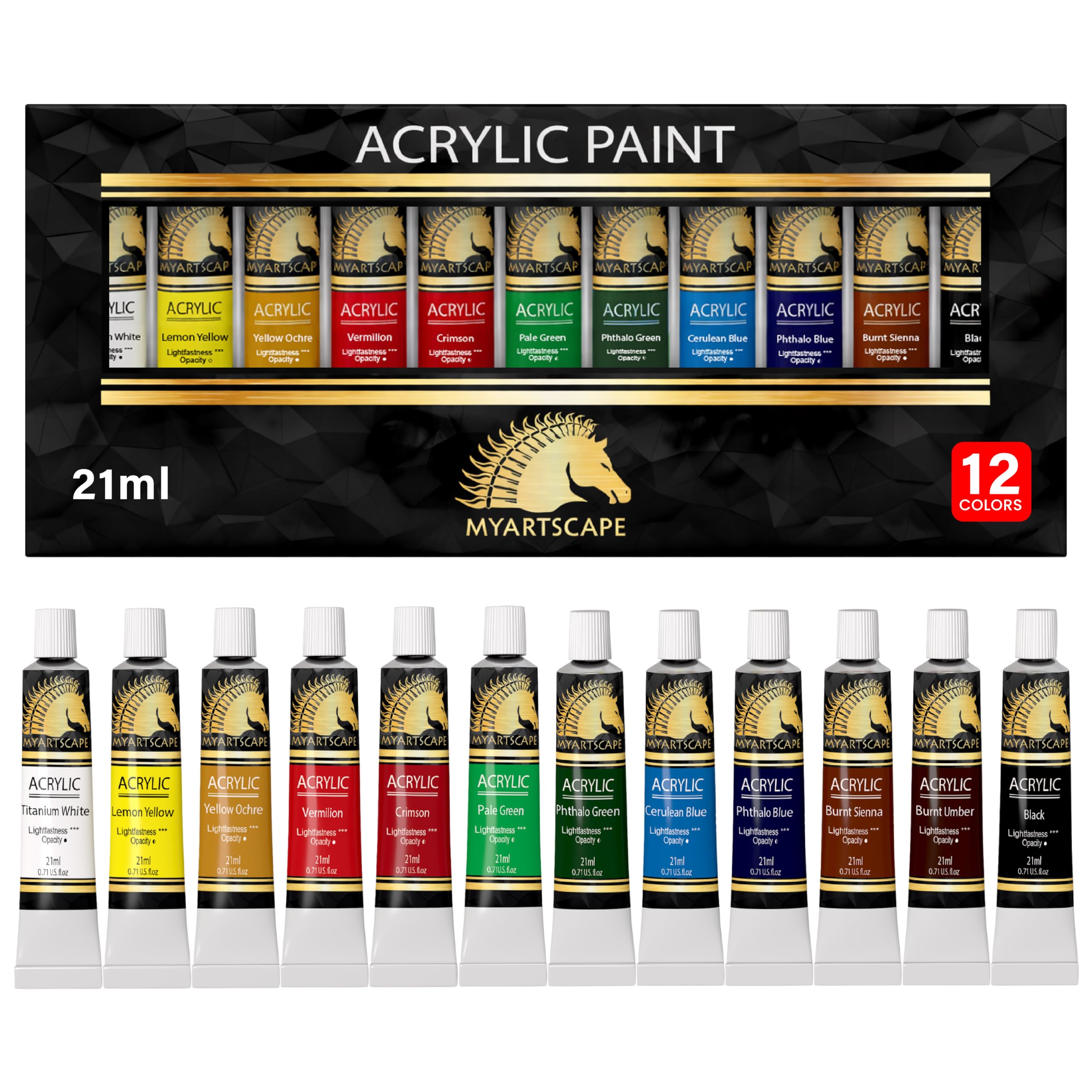 Myartscape Acrylic Paint Set 12 x 21ml Heavy Body Acrylic Paints High Pigment Art Paint Set for Canvas Wood Fabric Non Toxic Professional Artist Paints