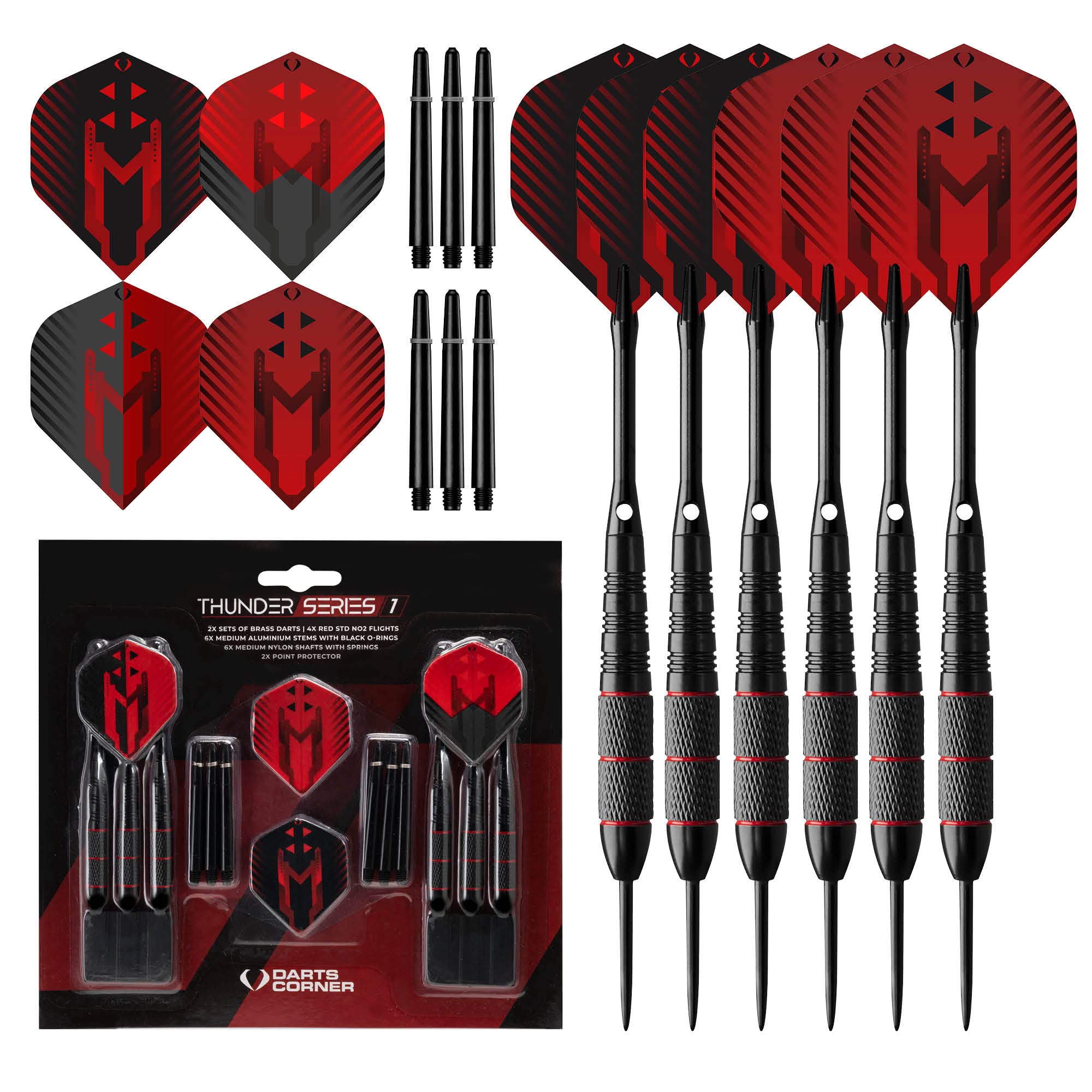 Darts Corner X1065 Thunder | 24 Piece Steel Tip Dart Set with 22g Barrels, Flights and Aluminium Shafts, Series 1, Black/Red