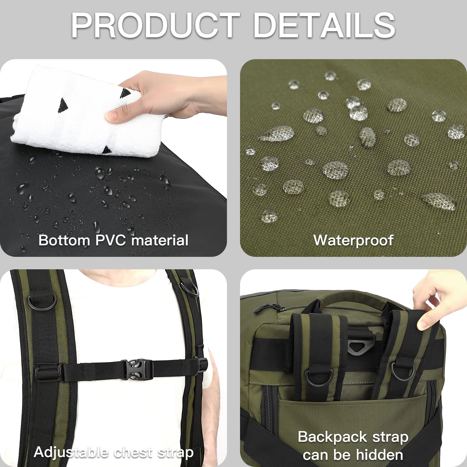 TUGUAN Reisetasche Groß XL Weekender Reise-Rucksack für Herren Damen Wasserdicht Extra großes Gepäck Handgepäck Tasche für Urlaub Camping Sport Duffel Bag 100 Liter, Grün 6