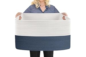 MEGASKET Extra Large Rectangle Rope Basket, 23.6" x 15.7" x 14.1" Kids Room Toy Stuffed Animals Basket Box Organization, Towel Storage Basket, Baby Clothes Basket, Living Room Storage Bin, Dark Blue