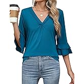 Blooming Jelly Womens 3/4 Length Sleeve Tops Summer Dressy Casual Blouses Business Pleated Shirts Spring Outfits 2025（Blue, X-Large）