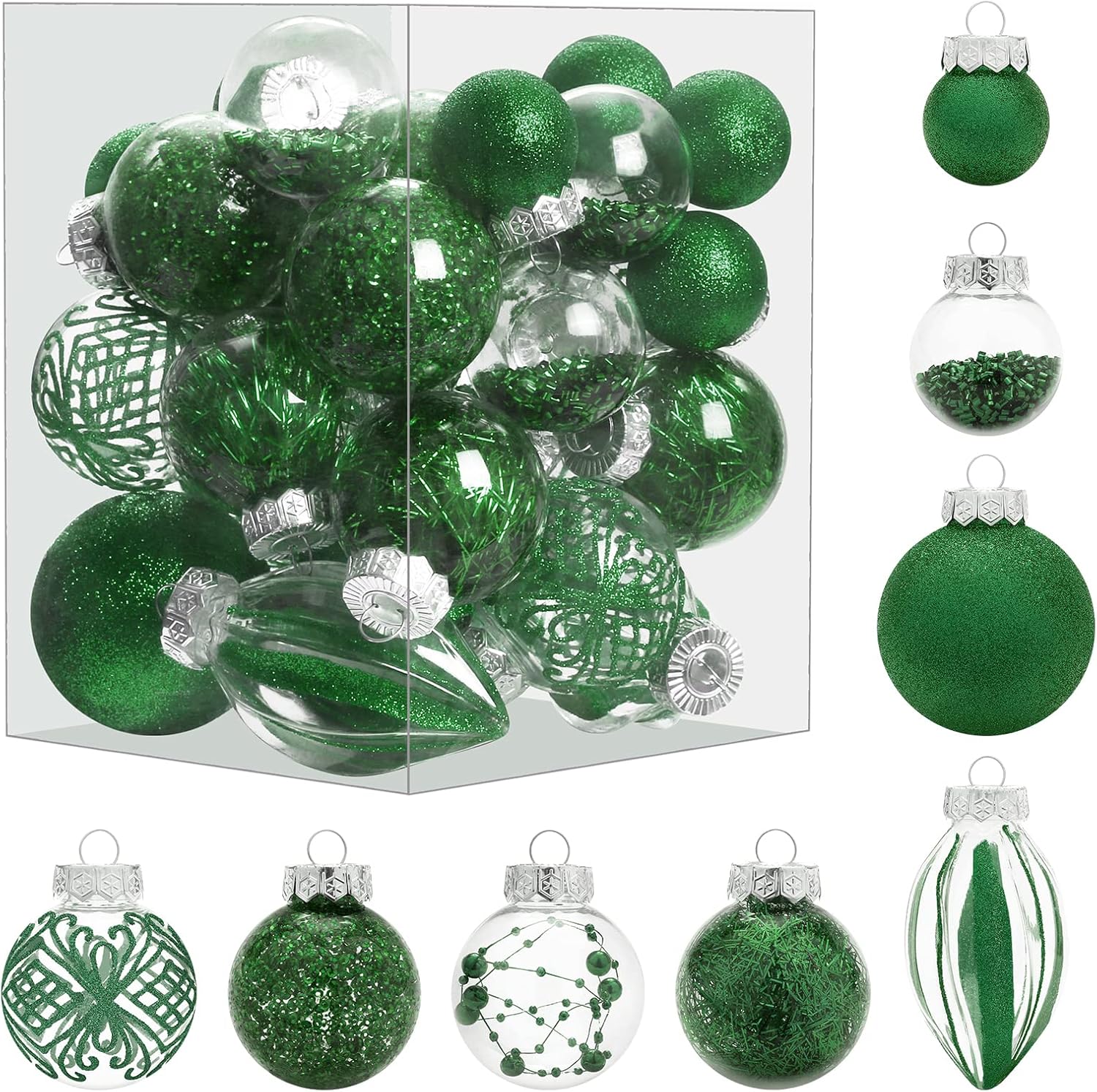 Ornaments - MoonXmas Christmas Ornaments Set, 32Pcs Clear Plastic Shatterproof Christmas Ball Hanging Ornaments for Xmas Tree Decorations, for Indoor Home Thanksgiving Party Holiday Decor - Green.