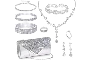 MEDOJO 10Pcs Silvery Rhinestone Jewelry Set for Women Bride Wedding Prom Jewelry Evening Rhinestone Sparkly Clutch Purse Bag Necklace Tennise Layered Bracelets CZ Ring Crystal Drop Earring Set Silvery Shiny Costume Kit