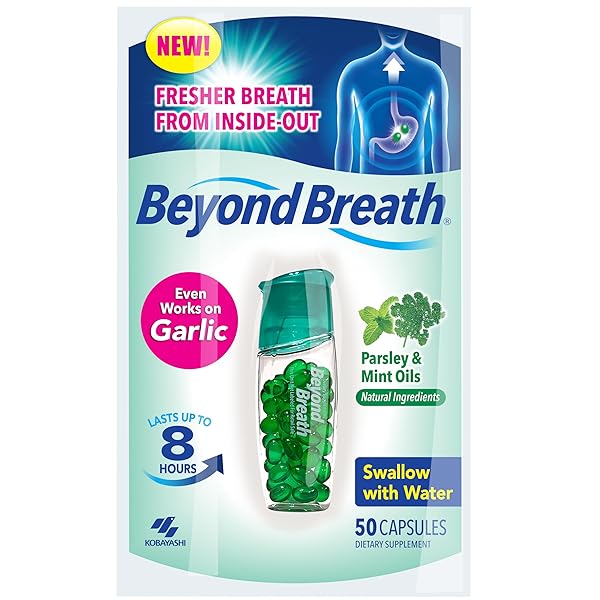 BEYOND BREATH BREATH FRESHENING CAPSULES, FRESHER BREATH FROM INSIDE-OUT, EVEN WORKS ON BAD BREATH FROM GARLIC, LASTS UP TO 8 HOURS, 50 CAPSULES