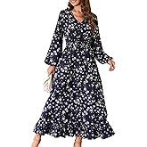 MISSKY Casual V Neck Boho Floral Print Wedding Guest Maxi Dresses for Women Bohemian Flowy Maxi Dress