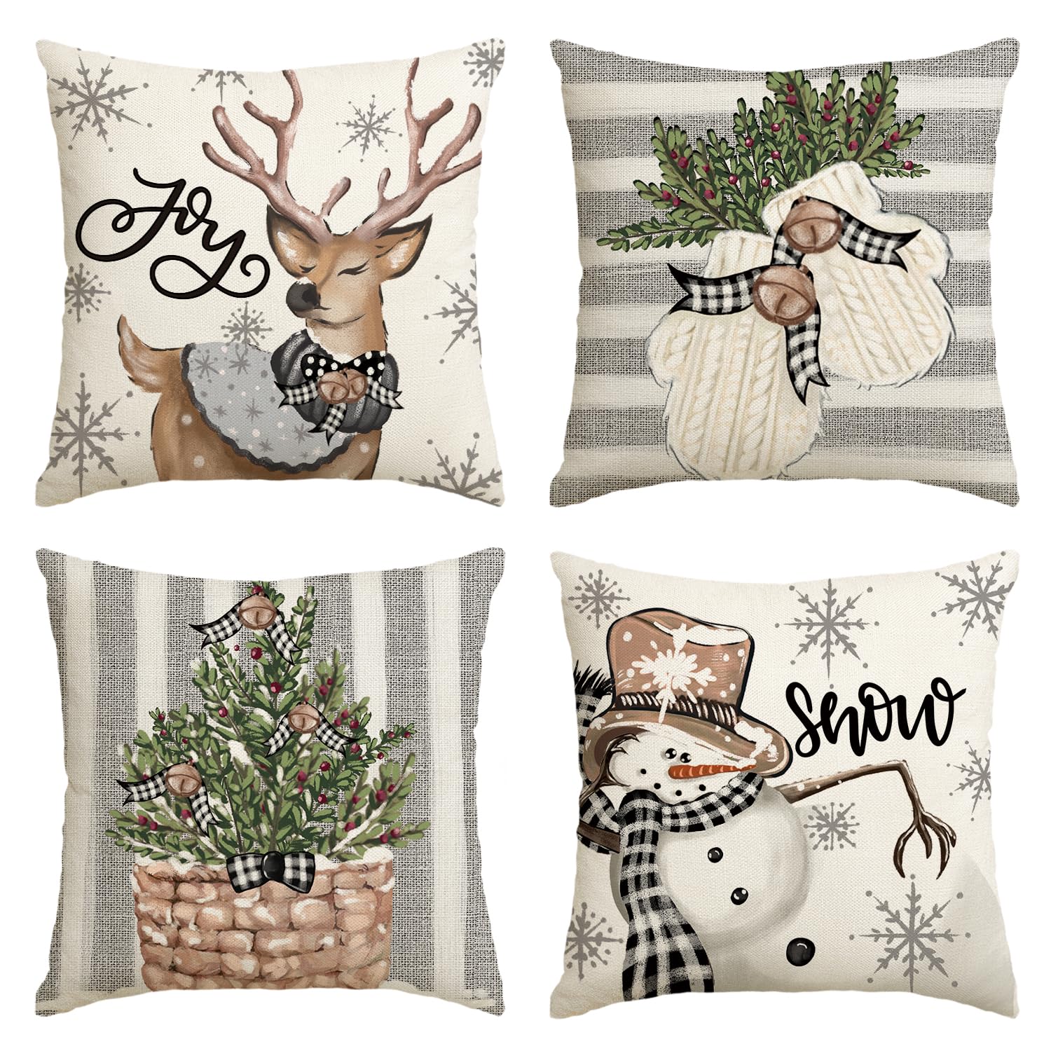 Artoid Mode Snowman Reindeer Gloves Christmas Cushion Covers Set of 4, 45x45 cm Winter Xmas Decorative Pillow Case Cover Sofa Living Room Decor