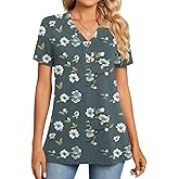 Anybean 2026 Womens Summer Casual Loose Tunic Tops Short Sleeve V Neck Button Up Fashion Henley Tshirts