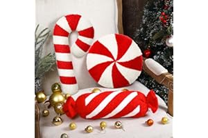Anglechic 3 Pcs Christmas Pillows Decorative Throw Pillows Candy Merry Christmas Tree Stuffed Wool Soft Xmas Plush Cushion for Sofa Couch Bedroom Living Room(Red)