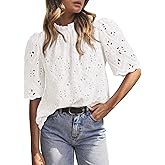PRETTYGARDEN Summer Tops for Women 2026 Short Sleeve Embroidered Eyelet Shirts Dressy Casual Blouses Spring Fashion Clothes