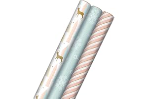 Hallmark Pink Christmas Wrapping Paper with Cut Lines on Reverse (3 Rolls: 120 sq. ft. ttl) Pink, Mint, Gold, Reindeer, Christmas Trees, Snowflakes