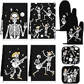 Leinuosen 6 Pcs Gothic Christmas Kitchen Decor Set, Skull Kitchen Dish Towels Spooky Christmas Oven Mitts and Pot Holders Set for Horror Creepy Xmas Party Decor Gifts(Modern Color,Stylish)