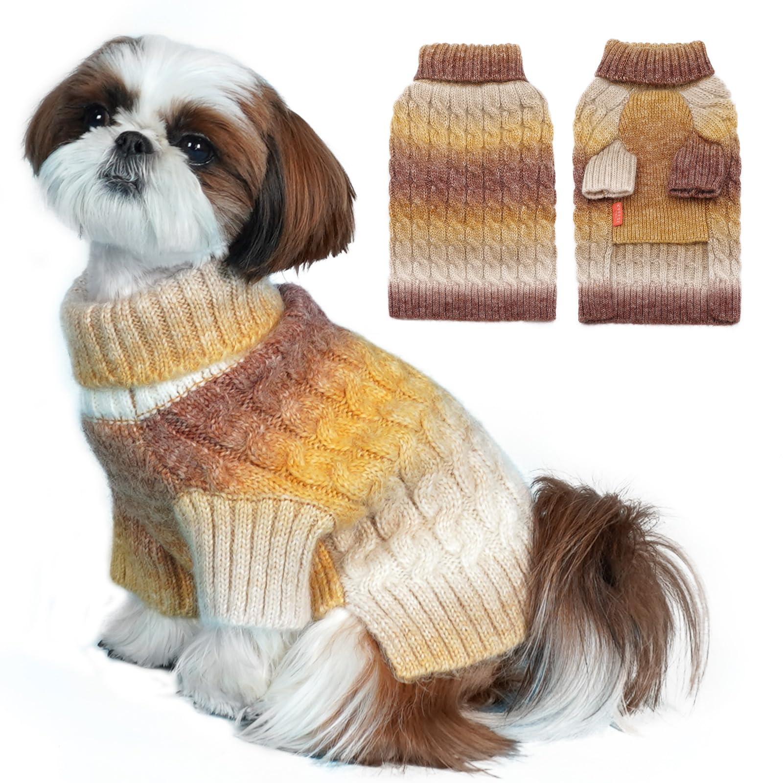 Photo 1 of KYEESE Dog Sweater Cable Knit Thick Dog Knitwear Turtleneck Warm with Sleeves Dogs Sweater for Medium Dogs Gradient Color, Brown, XXLarge