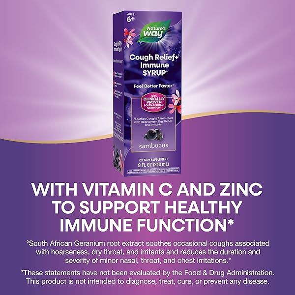NATURE’S WAY SAMBUCUS COUGH RELIEF +(1) IMMUNE SYRUP*, FEEL BETTER FASTER(1), CLINICALLY PROVEN SOUTH AFRICAN GERANIUM, WITH ELDERBERRY EXTRACT, VITAMIN C & ZINC, 8 OZ (PACKAGING MAY VARY)