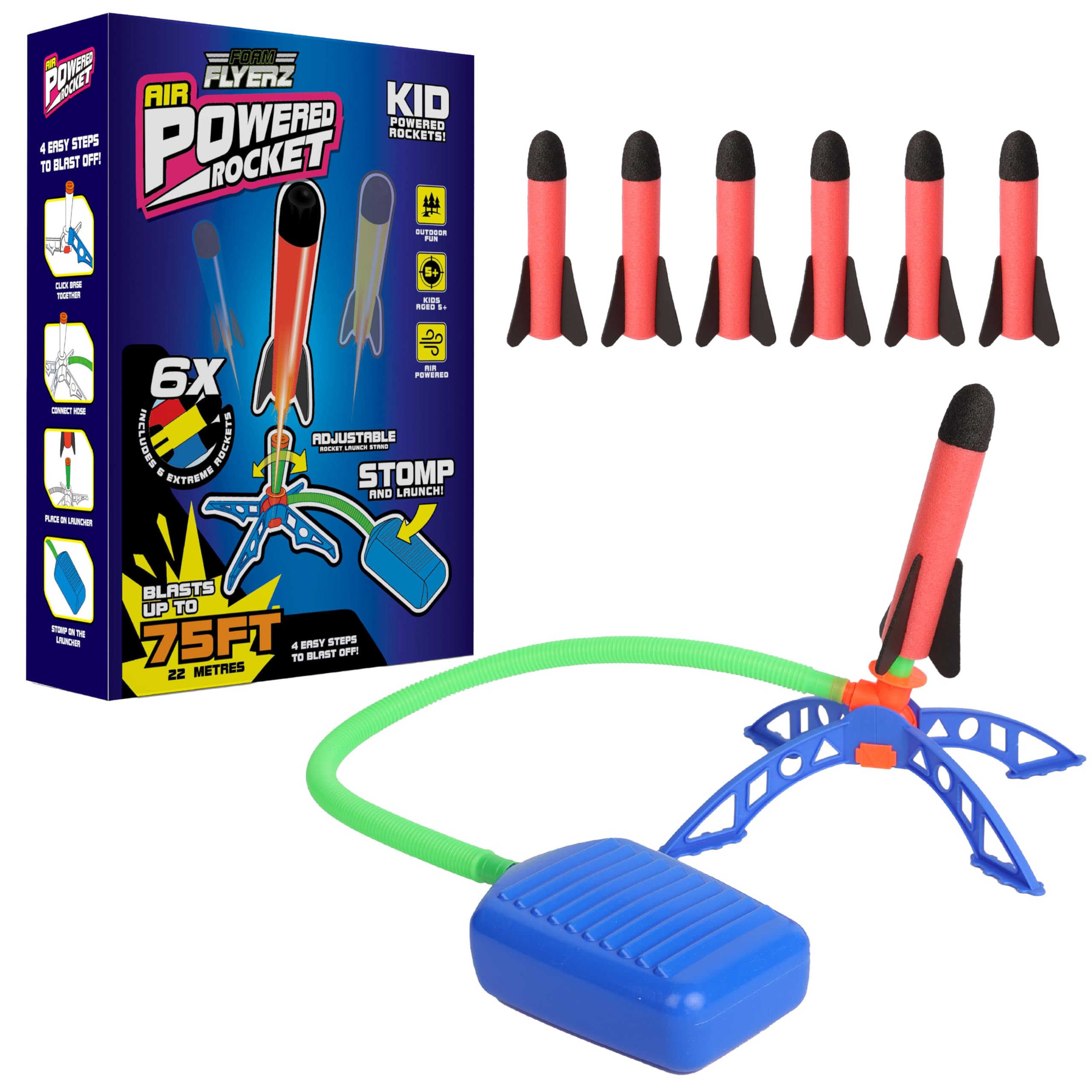 Foam Flyerz - Air Powered Rocket - Outdoor Fun for Kids Aged 5+ - Includes 6 Extreme Rockets - Adjustable Launch Stand - Blasts Up to 22 Metres