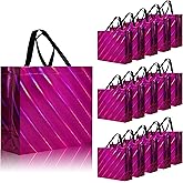 cabzymx 16 Pcs Unique Dazzling Hot Pink Reusable Gift Bags with Handles & Bases, Shiny Non-woven Holiday Goodie Bags Bulk for Birthday, Wedding, Party- 12.6x4.7x11 In