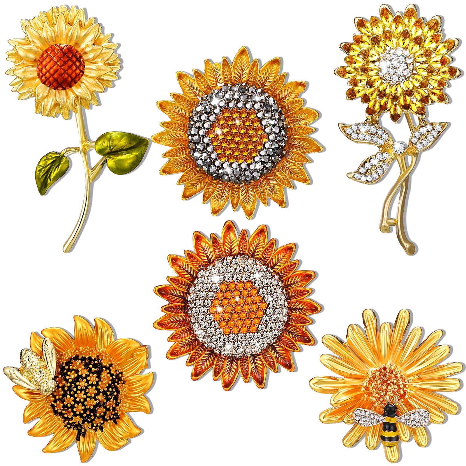 Photo 1 of Junkin 6 Pcs Fall Brooch Pins Thanksgiving Rhinestones Sunflower Crystal Brooches Gold Pins for Hats Elegant Crystal Brooch for Women